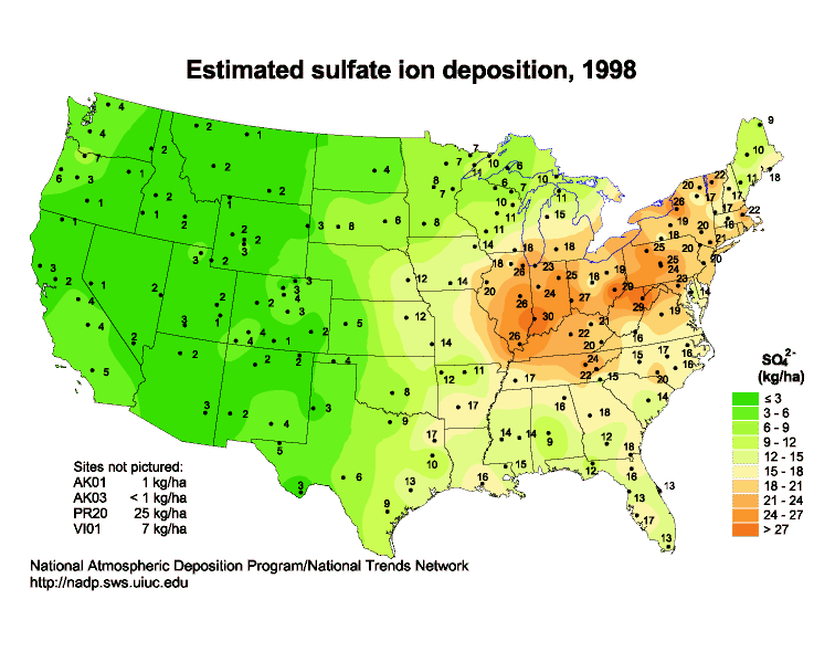Estimated sulfate ion deposition, 1998